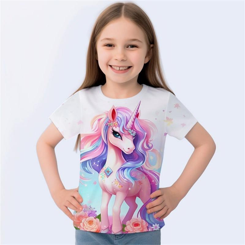 Children's Clothing Girl T-Shirt Short Sleeve Cartoon Horse 3D Print Kids Summer Clothes Casual Cute Round Neck Girl Clothes Top