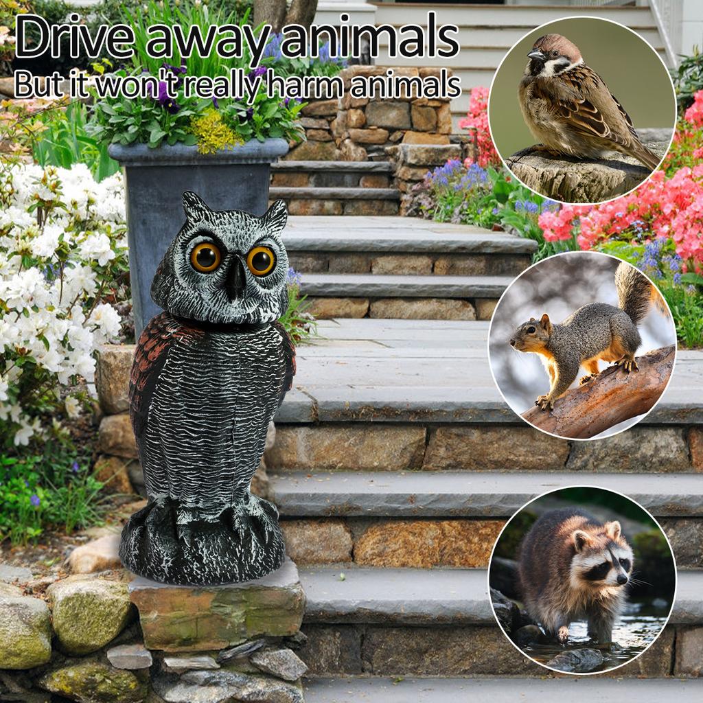 Owl Scare Bird Control Devices 360° Rotating Head Waterproof Eye Flash Garden Decorations Sculptures and Statuettes