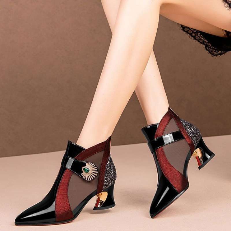 High Quality Rhinestone Women's High Heels Fashion Hollow Mesh Sandals New Soft Leather Pointed Toe Ankle Boots Botas Mujer 2025