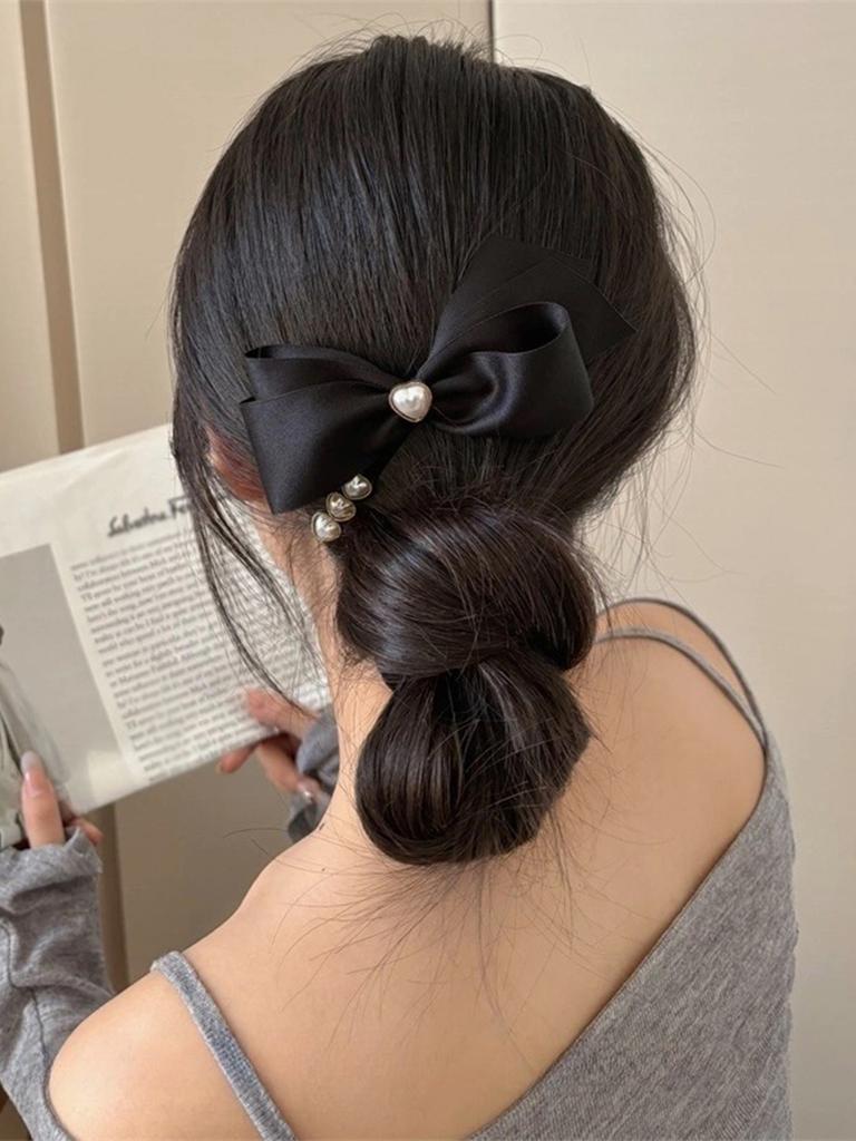 Black Bowknot Hair Barrettes Pearl Hair Clips Sweet Heart pearls Ribbon Hairpins for Girls Valentine's Day Party Hair Accessorie