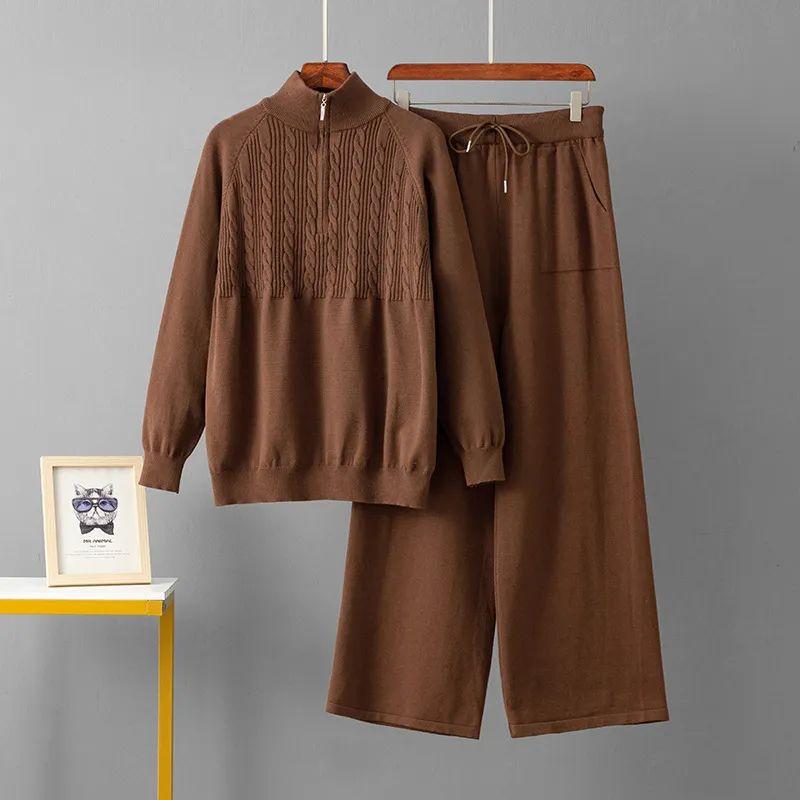 

Трансграничный в наличии Осень и Зима Новинка Свитер с косами на молнии с высоким воротником Повседневный комплект Вязаные брюки палаццо Комплект из двух предметов Brown One size