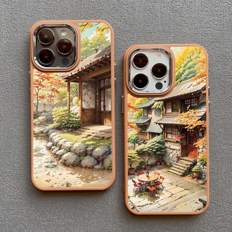 Vintage Oil Painting House Phone Case For iPhone 16 15 14 Pro Max 11 13 12 Pro MAX 7 8 Plus XR X Flower Courtyard Silicone Cover