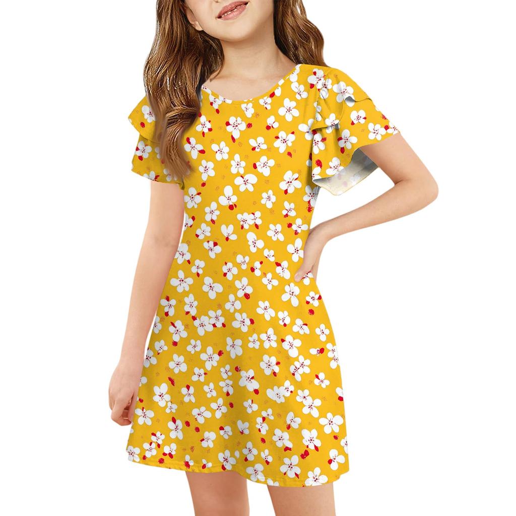 Girls' Ruffle Sleeve Dress - Round Neck Printed Sundress