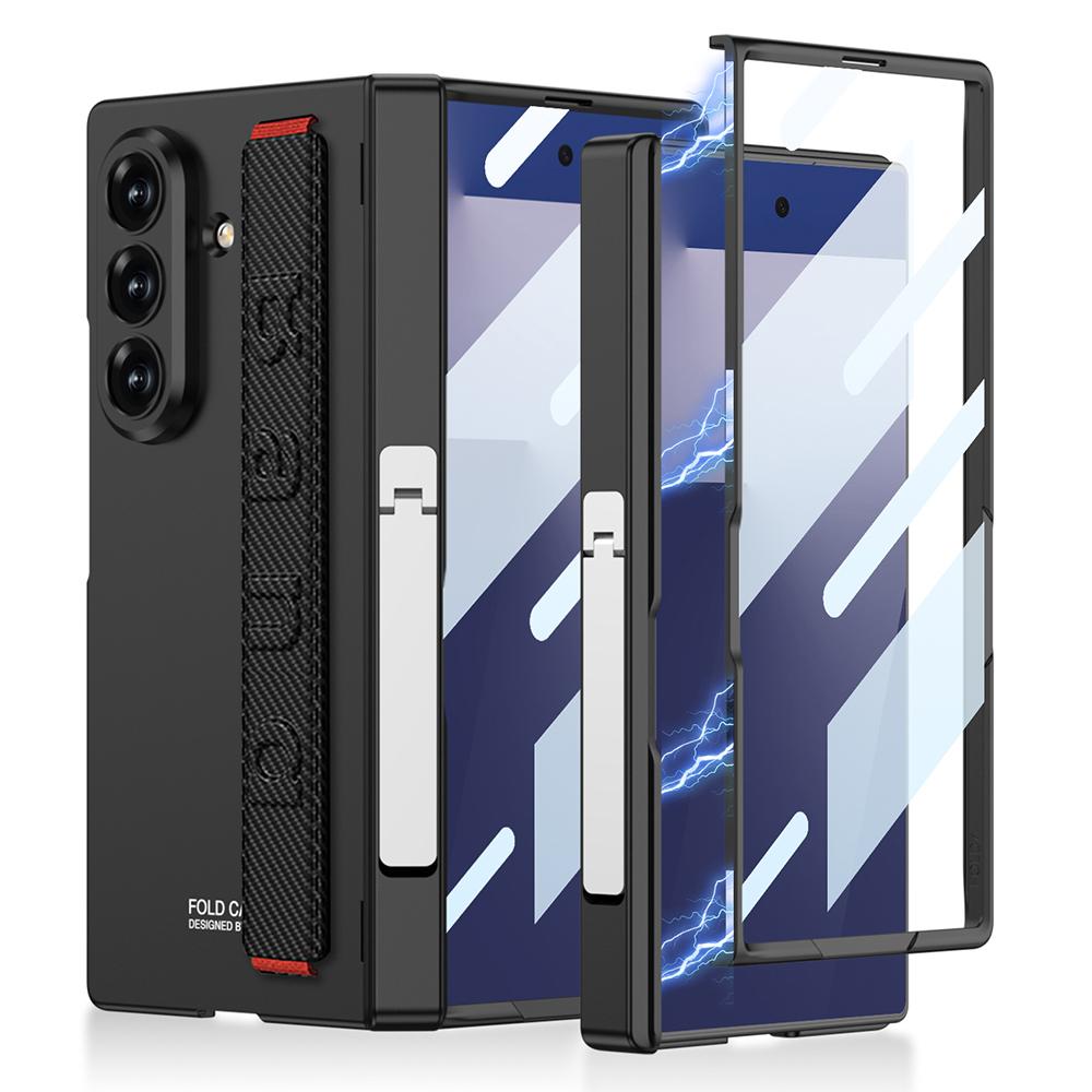 

GKK For Samsung Galaxy Z Fold7 5G Case with Kickstand/Finger Strap PC Tempered Glass Phone Cover Carbon Fiber Texture