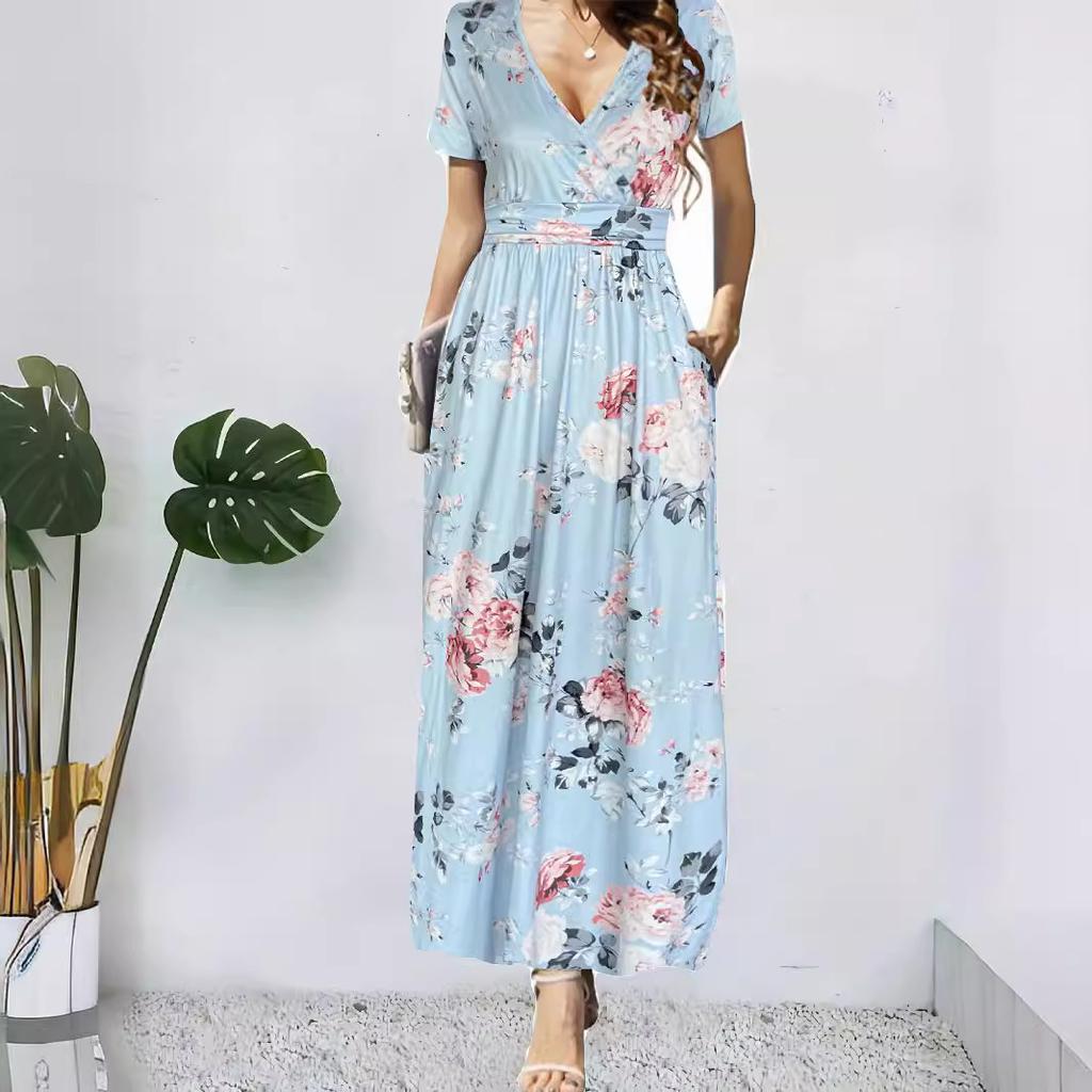Women's Short-sleeved V-neck Wrap Belt Pocket Printed Elegant Long Dress