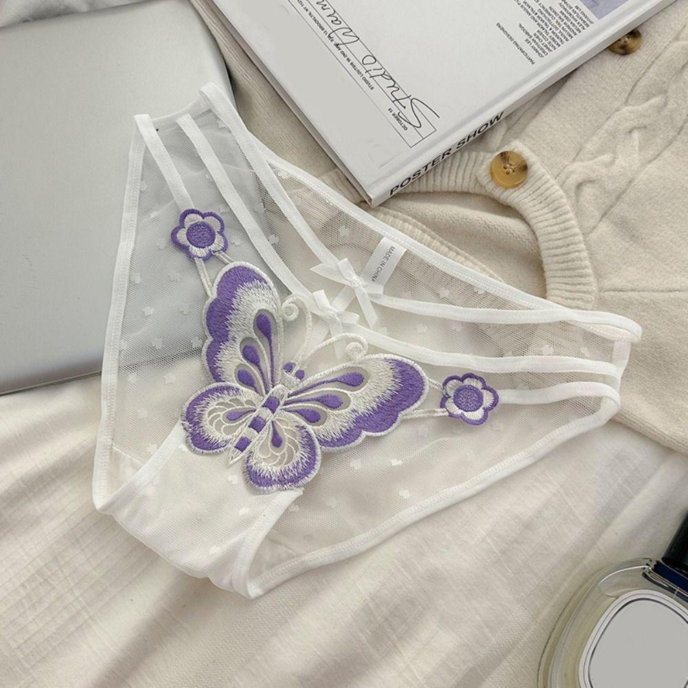 Low-Waist Butterfly Embroidery Bow Underpants Transparent Flower Mesh Slim Panties  Women