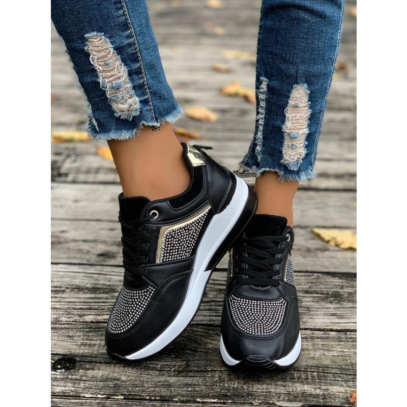 Women's Sports Casual Spring and Summer New Platform Wedge Casual Shoes Lace-up Rhinestone Sports Fashion Shoes