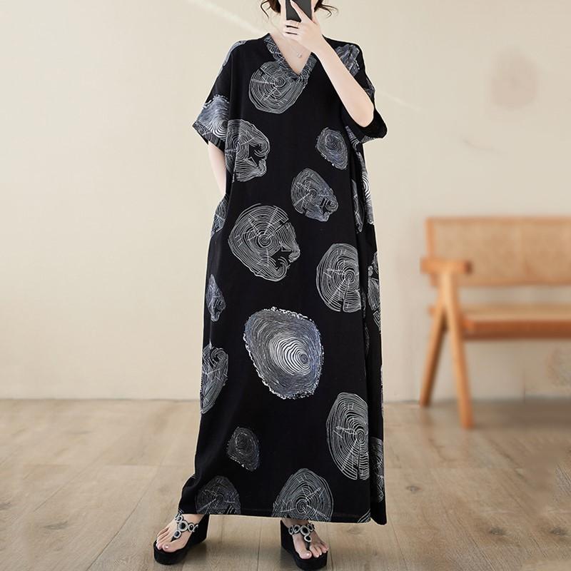 

Новое хлопковое платье больших размеров с коротким рукавом и цветочным принтом для женщин, повседневное свободное длинное летнее платье