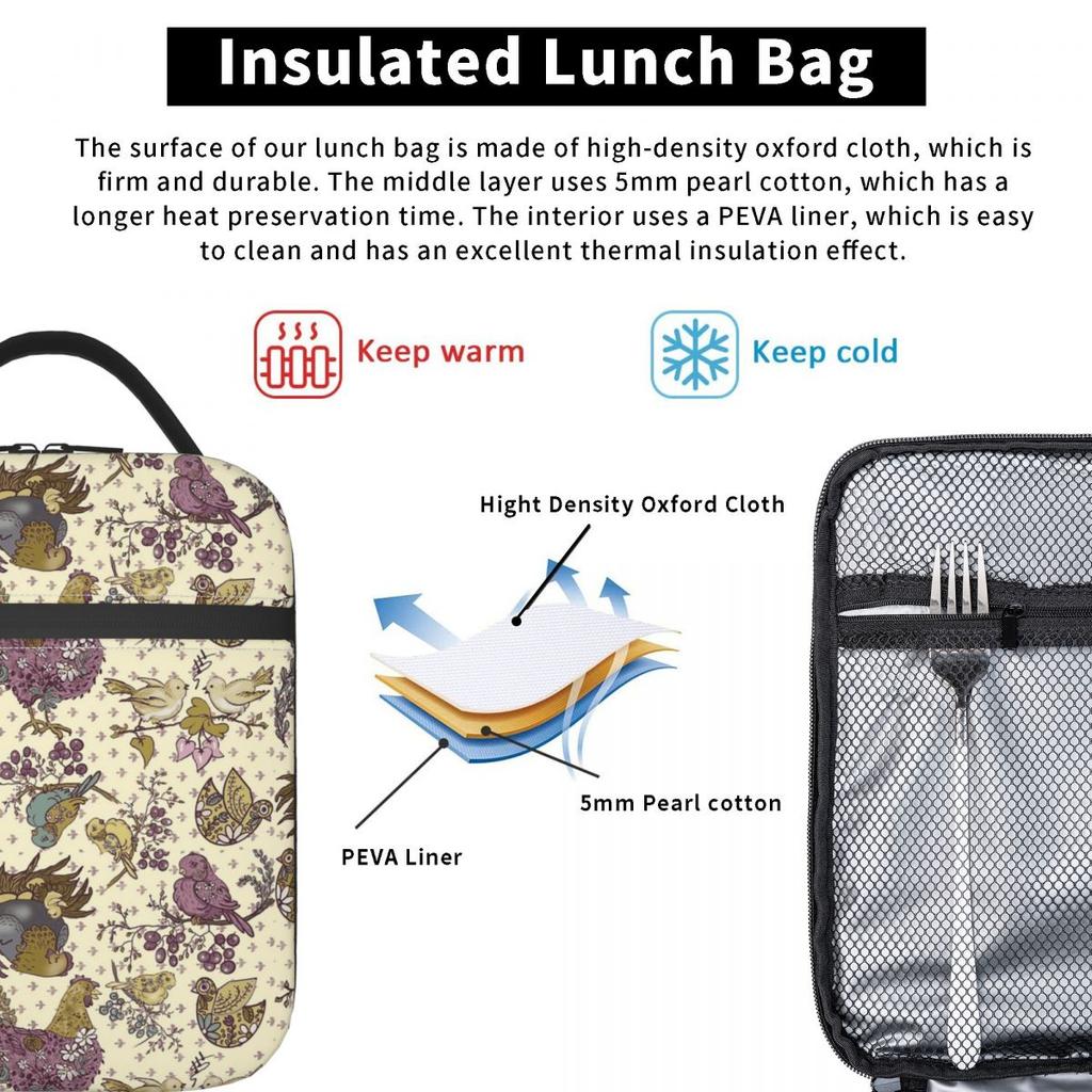 Chic Chick And Floral Pattern Insulated Lunch Bag for Women Children Portable Food Boxes Thermal Lunch Box Tote