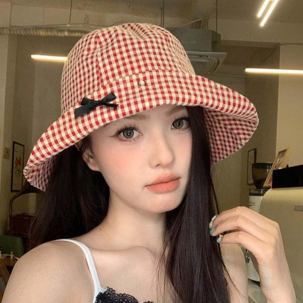 Gingham Check Plaid Bucket Hat Casual Fisherman Hat Stylish Wide Brim Sun Hat Beach