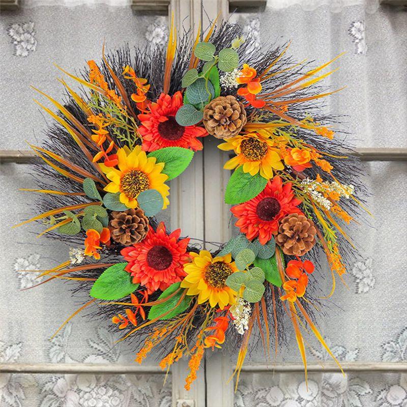 Good-Pine Cone Sunflower Wreath Fall Decor Wreath Outdoor Wreath Wreaths For Front Door For Porch Farmhouse Home Decor 40Cm