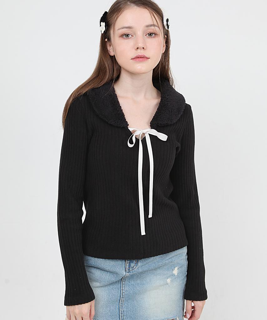 CATTLINE Fur Collar Knit T-Shirt (Black)