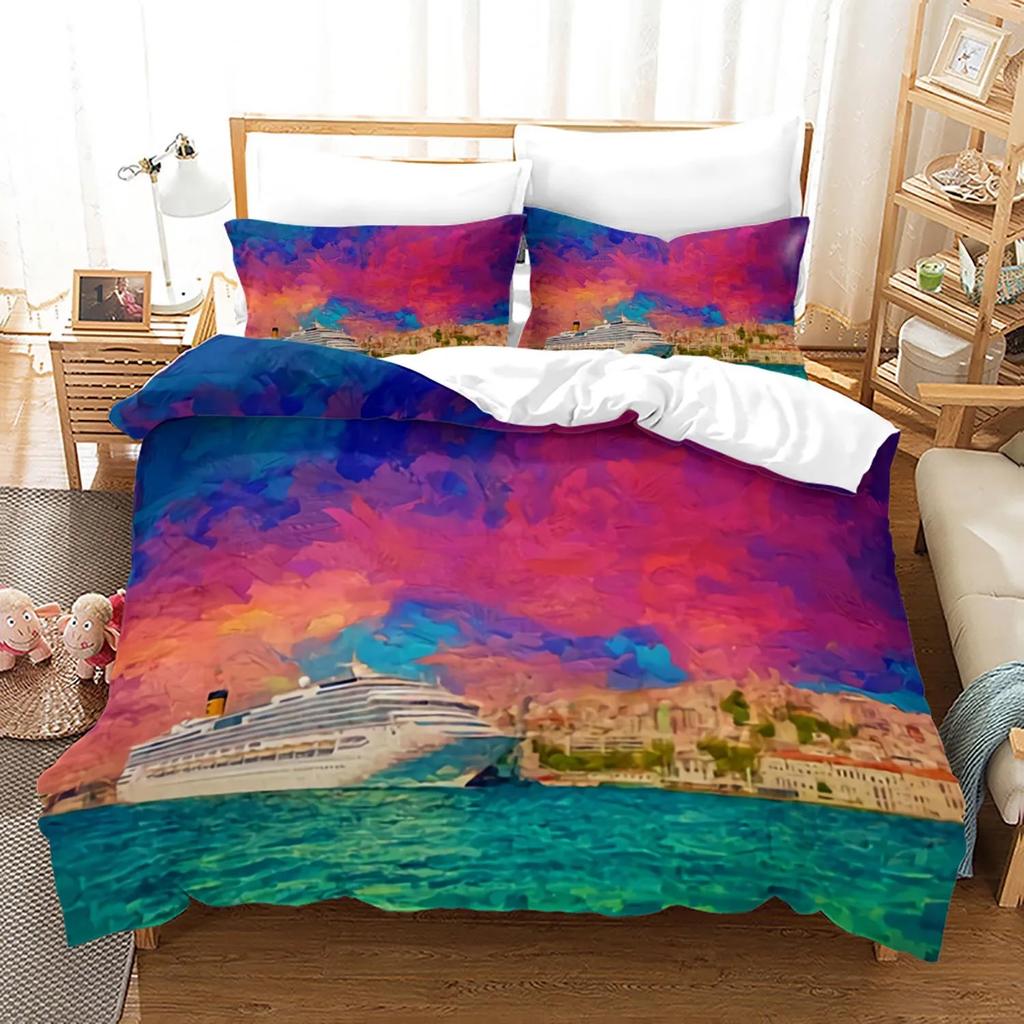 Pink Beach Duvet Cover With Pillowcase Sea Beach Nature Landscape Theme Print Bedroom Decorations Polyester For Children Women