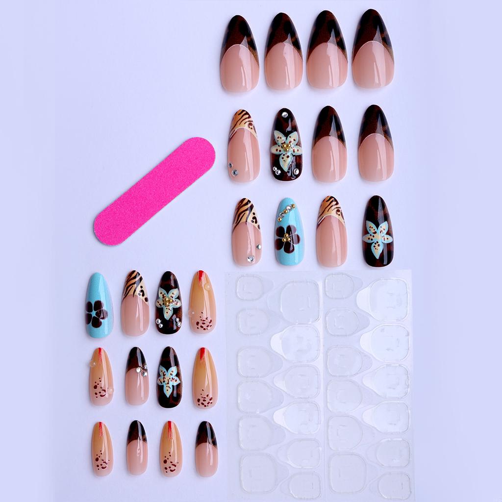 Frische und süße mandelförmige französische Leopardenmuster-Blütenblatt-Ins-Press-On-Nägel, 24 Stück künstliche Nägel