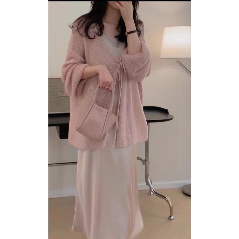 Spring New Thin Lace-up Medium and Long Gentle Wind Knitted Cardigan Loose Soft Waxy Sunscreen Jacket Women