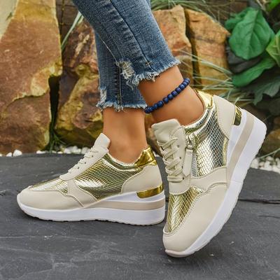 2025 Keil-Sneakers Mesh-Plateau Bequeme Schuhe Einfarbig Dicke Sohle Reißverschluss Vulkanisierte Schuhe Damen-Sneakers
