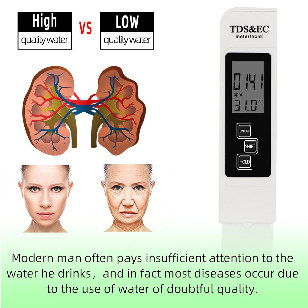 3 In 1 Water Quality Tester Digital Meter Water Quality Analyzer Detector TDS EC Temperature 5Mins Auto Shut Down