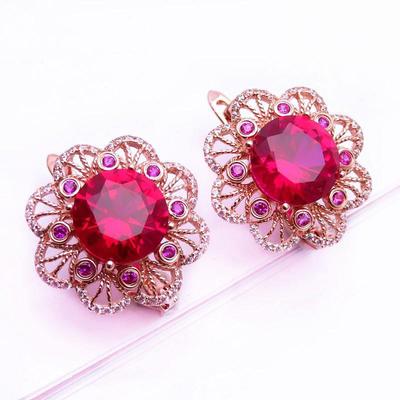 Exquis Collier Violet Or Boucles d'Oreilles Fleur Simple Luxe Incrusté Pierre Rouge Boucles d'Oreilles Rondes Noble Mode Bijoux Femmes