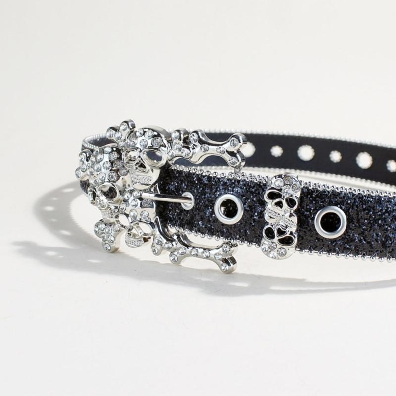 Shining Rhinestones Studded Skull Buckle Belt for Western Cowgirls Cool Blingbling PU Leather Fashion Waist Decors