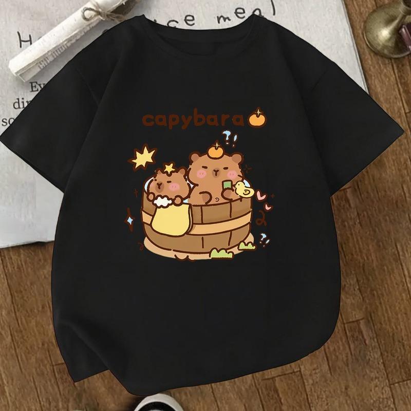 Kids Crewneck Short Sleeve Tee, Capybara Pufferfish Print Sports Casual Top for Kids