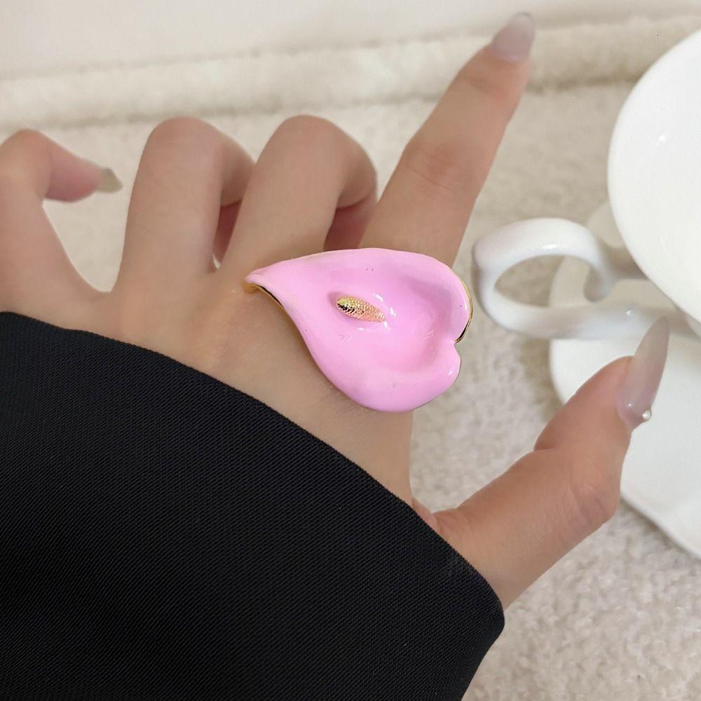 Metal Geometric Open Ring Adjustable Vintage Ring Elegant Enamel Calla Flower Ring Women