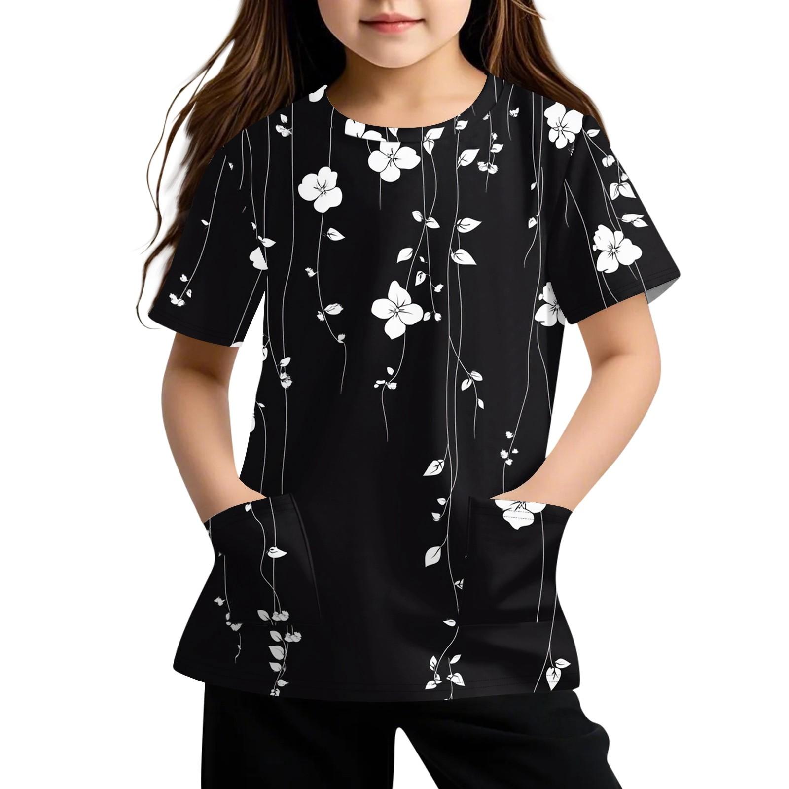 

Children s Short Sleeve Pocket Tops Casual Print T Shirt Round Neck Pullover Blouse 160