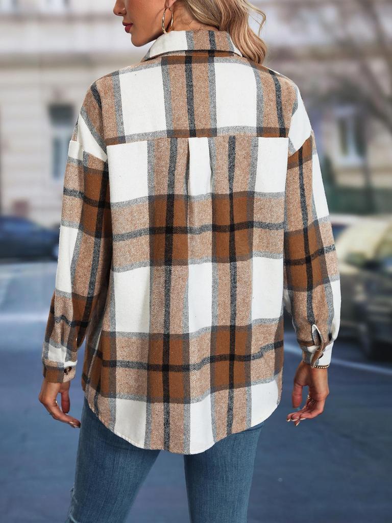 European & American Plaid Drop Shoulder Overcoat - Women's Autumn/Winter Jacket