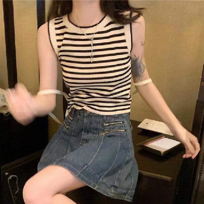 Striped knitted vest suspender women's summer new design sense outer wear wide inner sleeveless student top women