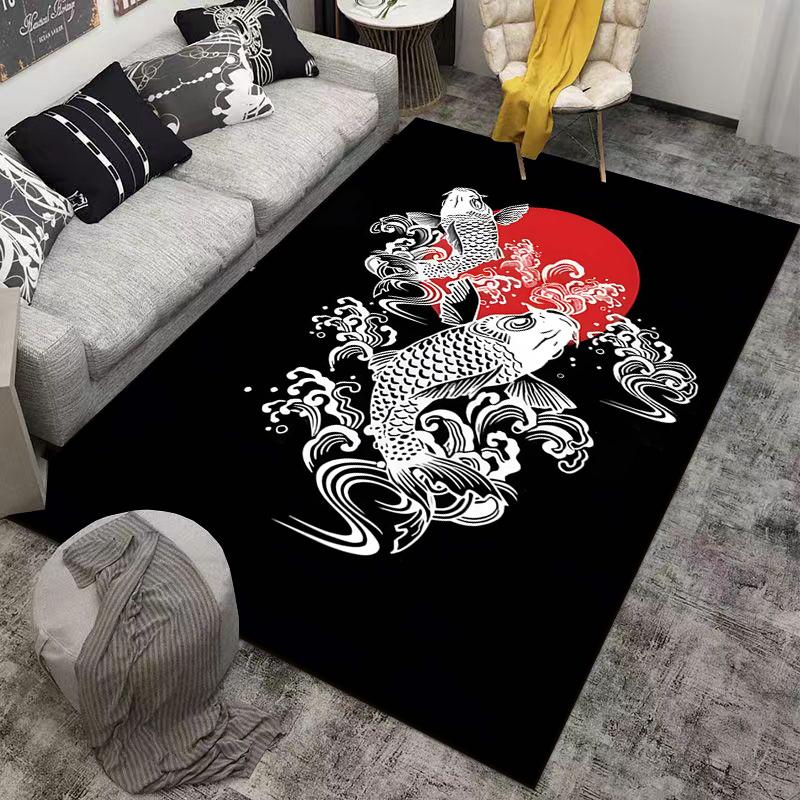 Koi Fish Rug with Wave Pattern and Red Sun Background Suitable for Use As an Anti-slip Game Mat for Living Room and Bedroom Sofas