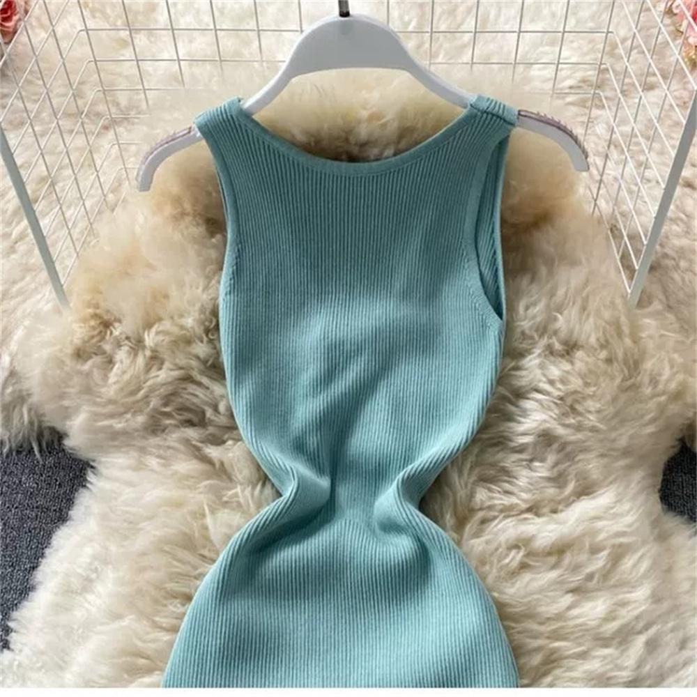 Vestido de Punto Minimalista sin Espalda para Mujer Verano SSólido de Punto sin Mangas Ajustado sin Mangas Sexy Bodycon Vestido Camiseta