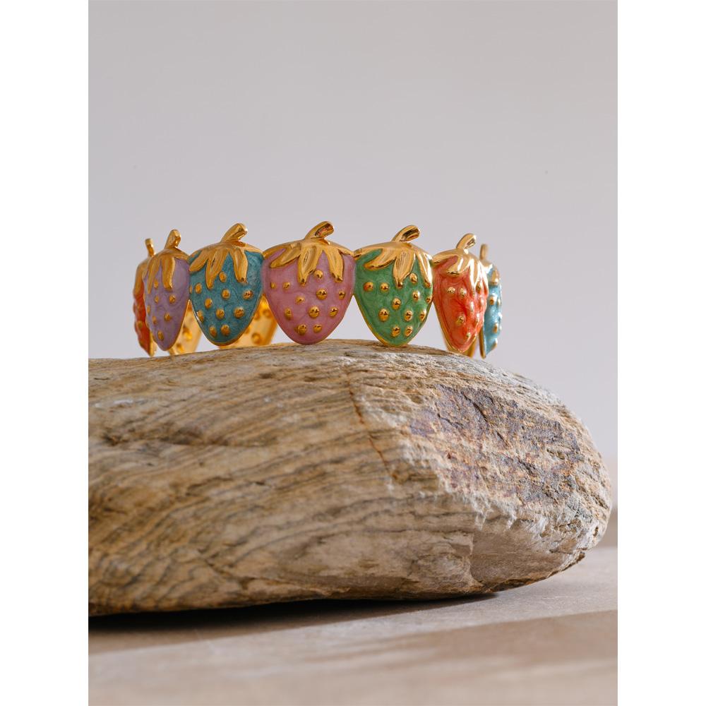 Eetit Red & Colorful Enamel Strawberry Sweet Open Cuff Bracelet Bangle Hot Style Stainless Steel Golden Wrist Fruit Jewelry