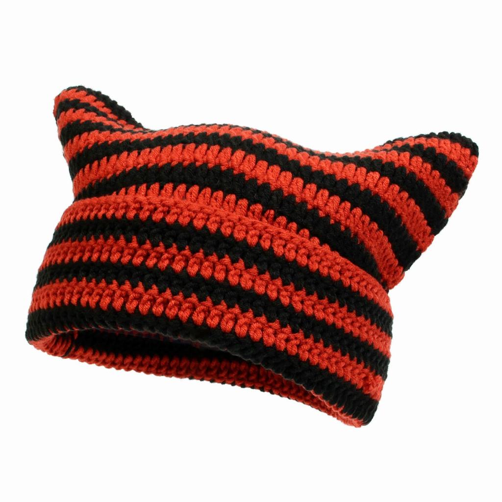 1pc Cute Cat Ears Beanie Hat For Women Winter Striped Korean Punk Gothic Y2K Wool Knitted Streetwear Handmade Crochet Bucket Cap