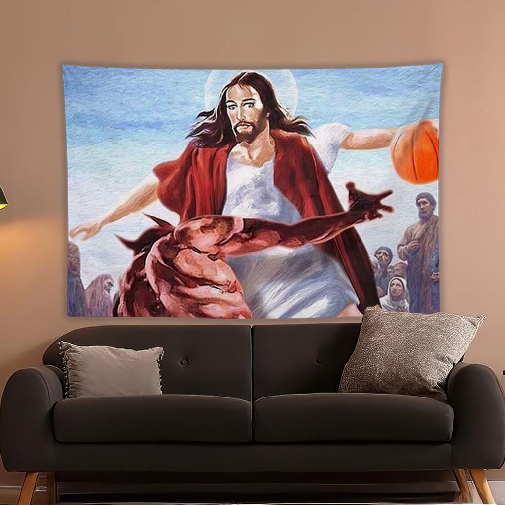 Jesus And Satan Playing Basketball Hanging Cloth Decorative Poster Christian Fun Wall Decoration Aesthetics Tapestry Art