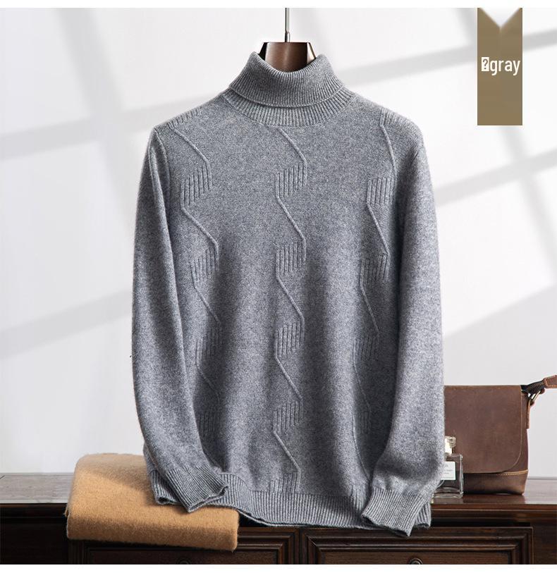 Suéter Masculino de Cashmere de Gola Alta com Fio Duplo - Grosso, Manga Longa, Tamanho Grande, Tricô de Cor Pura