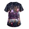 Women's Fashion New Year Printed Short Sleeve V-Neck Top Small Pocket Work T-Shirt