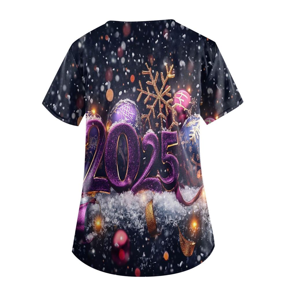 Women's Fashion New Year Printed Short Sleeve V-Neck Top Small Pocket Work T-Shirt