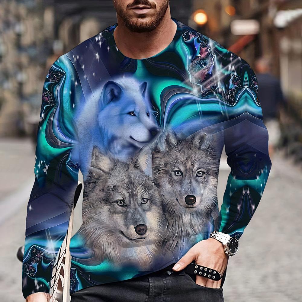 T-Shirts for Men Cool 3D Wolf Pattern Print Vintage Streetwear O-Neck Oversized T Shirt Tops Casual Long Sleeve T-Shirt Clothes