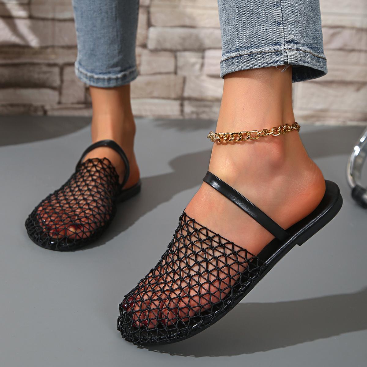 

Модные летние сетчатые тапочки с закрытым носком для женщин 2025 Новые повседневные туфли на плоской подошве Женский дизайн Сандалии с круглым носком Уличные мюли Женские тапочки 36