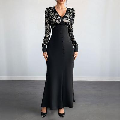 New Style Party Date Sexy Retro Style V-neck Lace Patchwork Long Sleeved Dress