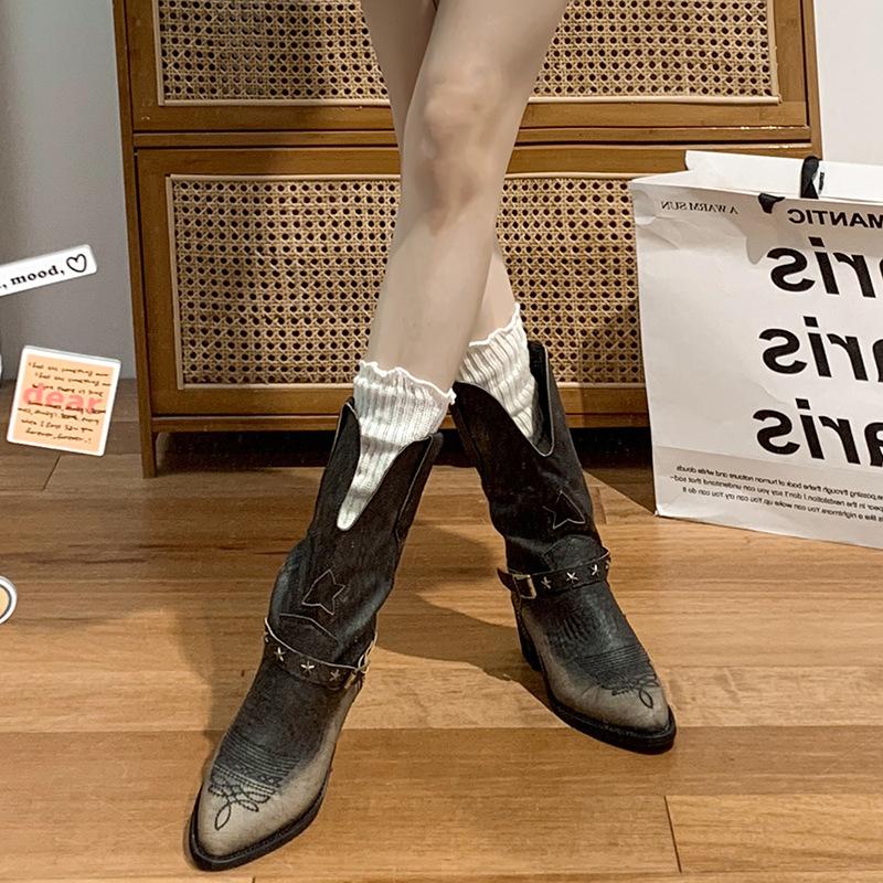 British pointed toe thick heel western cowboy boots women's summer v-mouth short boots