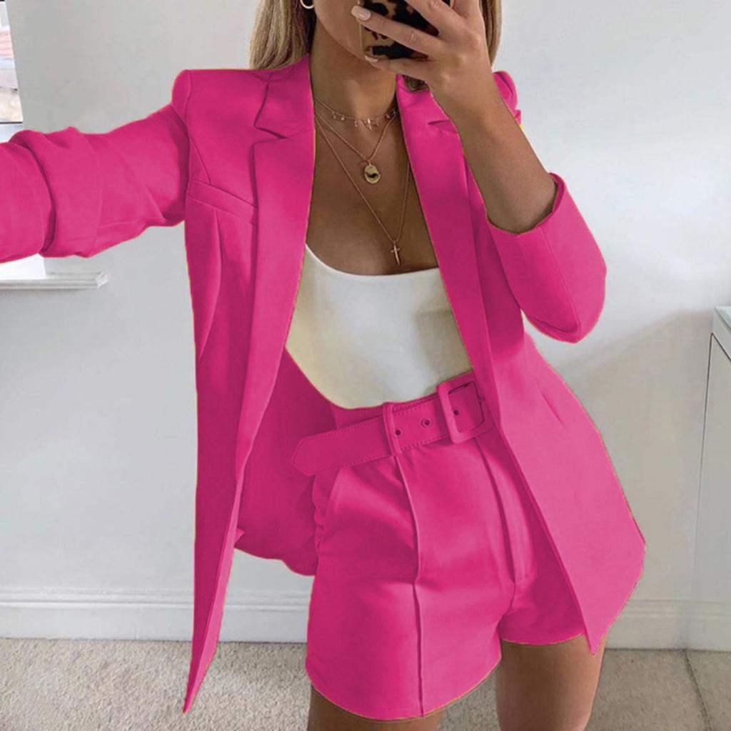 Women's Slim Fit Two Piece Suit Lapel Long Sleeve Blazer High Waist Belted Short Co-ord Outfit Set