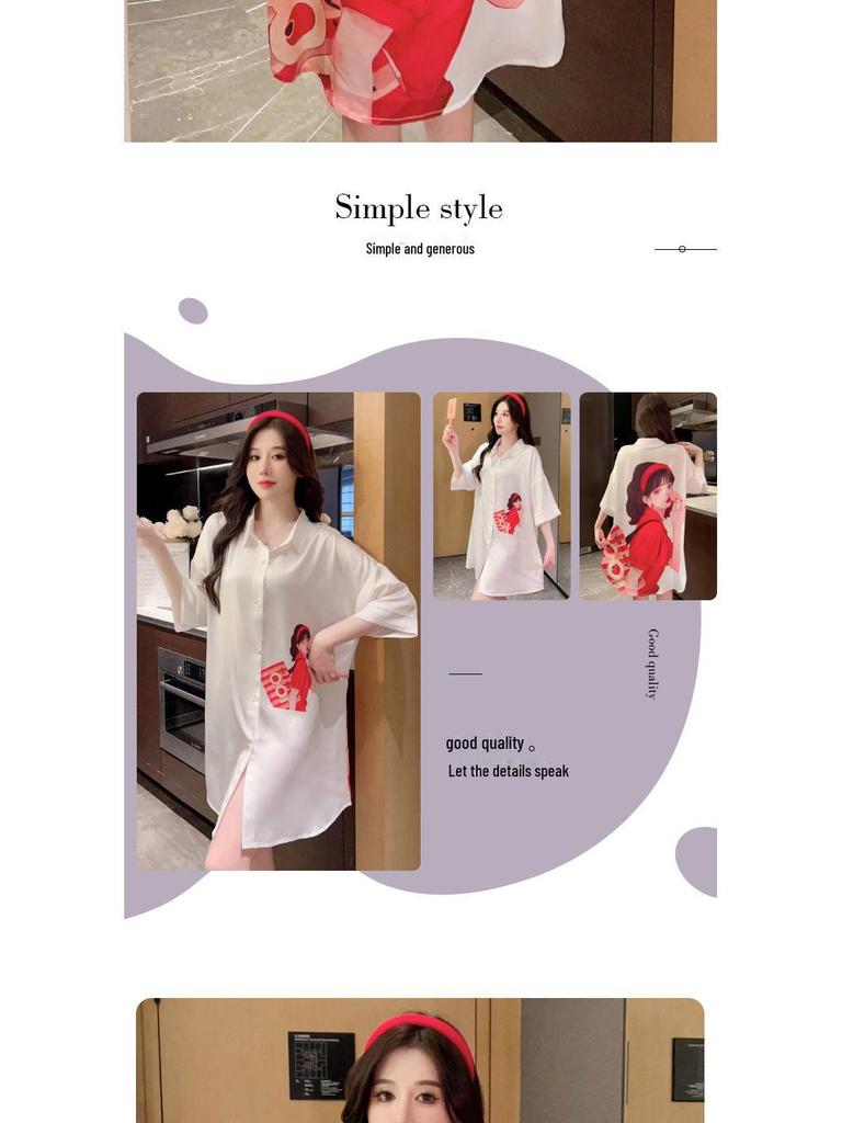 Japanese Ice Silk Red Print Nightdress - Sexy, Lightweight, Summer-Ready Pajamas for Women