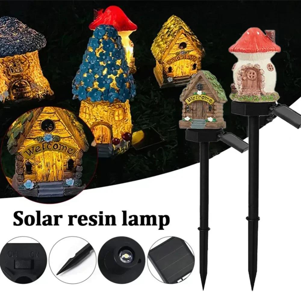 1pc Creative Solar Resin Mushroom House Light, Waterproof Small House Led Floor Plug Light For Outdoor Garden Lawn Decoration