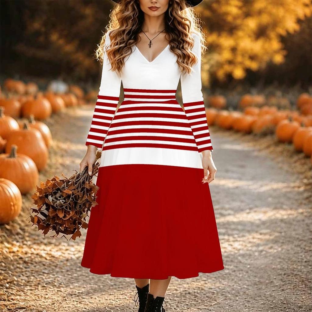 Halloween Women's Gradient Solid Print Midi Dress A Line Dress Vacation Casual Daily Regular Fit Long Sleeve V Neck Black Spring Fall