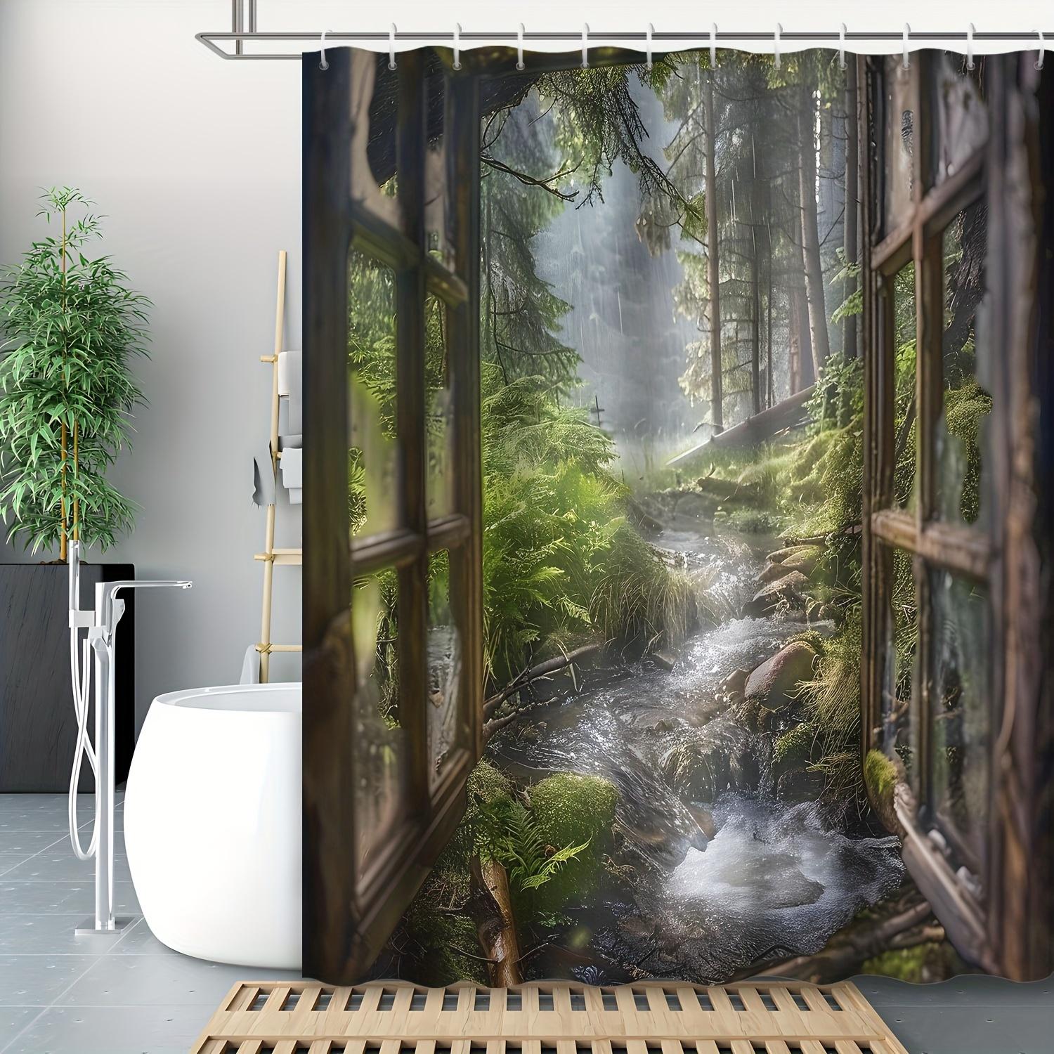 

1Pc Shower Curtain - Rustic Window View Into A Lush Forest With A Babbling Brook, Perfect For Bathroom Decoration, Bringing W60H190(CM)-1 Pcs
