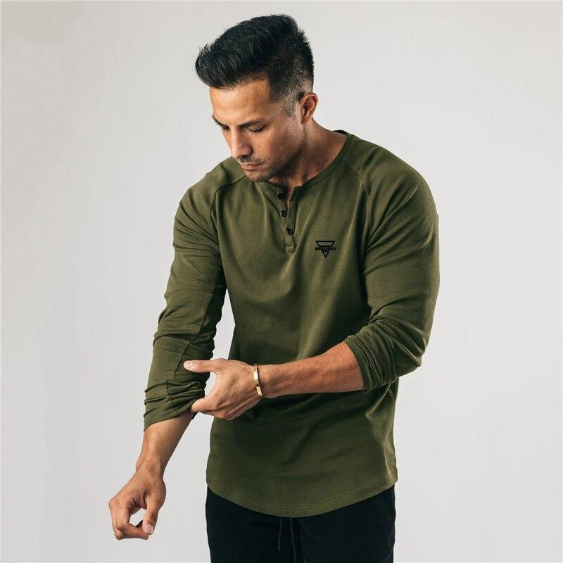 Tynn menns langermet bomull komfortabel T-skjorte Henry Neck Fitness Bottoming Slim Topp