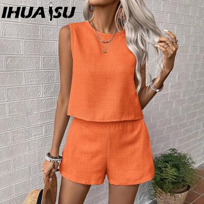Sommer Frühling Einfarbig Imitation Baumwolle Leinen Ärmellose Weste Shorts Lässig Mode Zweiteilige Sets für Damen