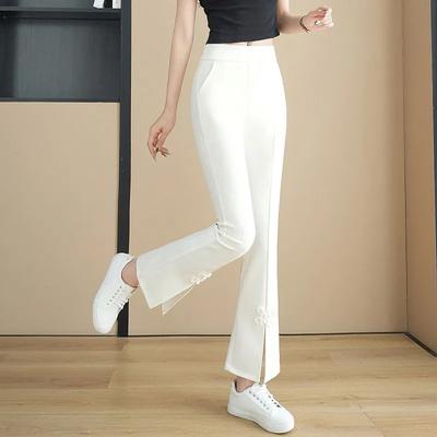 Damen Frühling und Sommer Hochtailliertes Drapierendes Design Offene Mikro-weite Hosen Plattenknopf Chinesischer Stil Temperament Hose