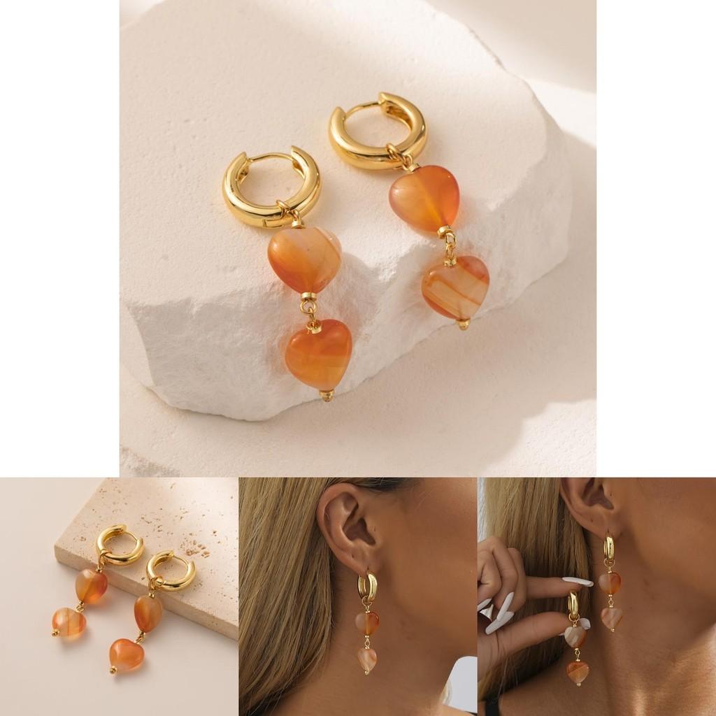 Fashionable Heart Shaped Natural Stone Earrings For Women Copper Electroplated