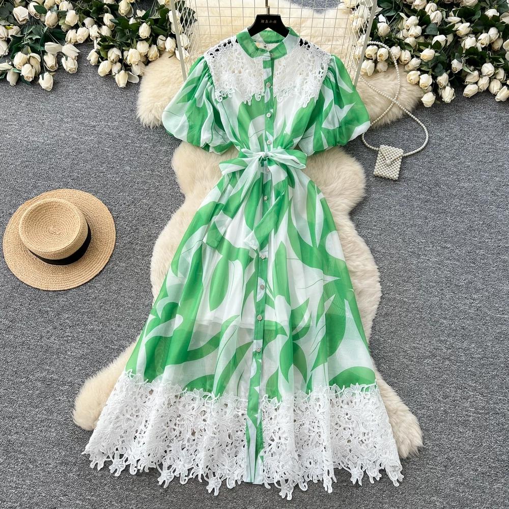 

French Light Luxury Lace Patchwork Chiffon Foral Printed Long Dress Women s Puff Sleeve Single Breasted Belt Lace Up Dress XXL зелений